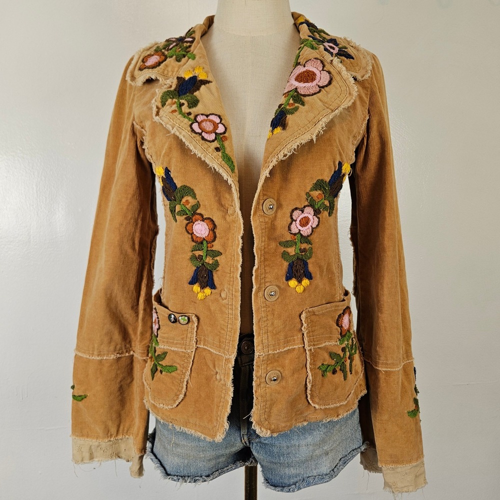 Vintage Joystick Johnny Was Corduroy Emboidered Blazer Sz S Tan Boho Y2K